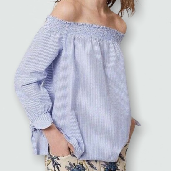 LOFT Tops - LOFT Off the Shoulder Blue and White Pinstripe Blouse Size Medium